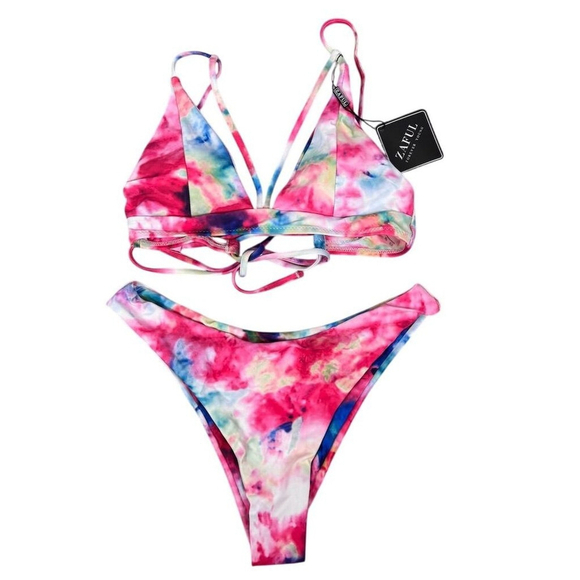 Zaful Other - Zaful Women's Tie Dye Lace-Up Bikini Set High-Leg Size 4 Multicolor